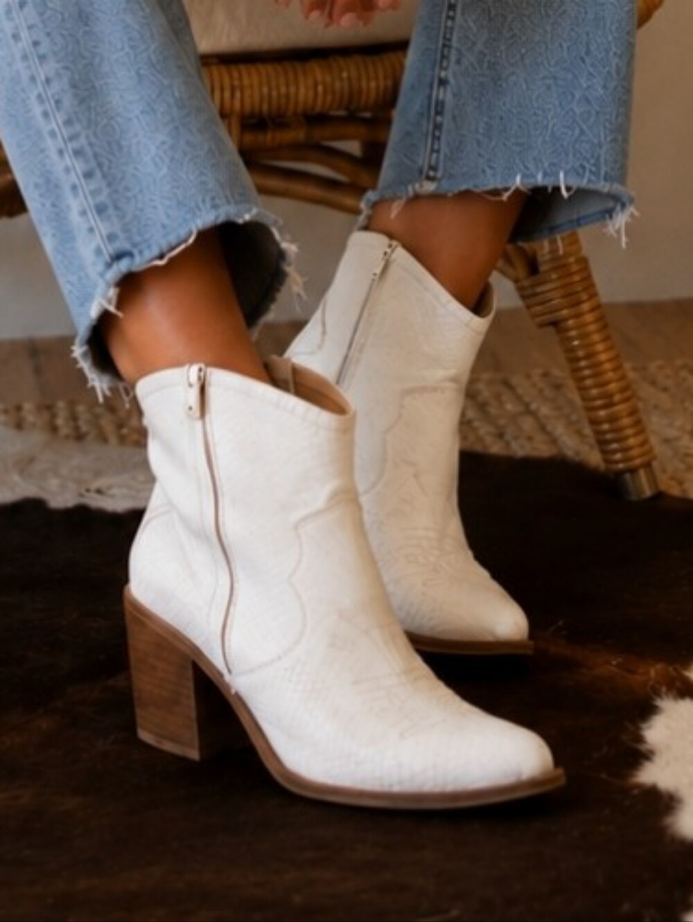Women's Cream Western-Inspired Ankle Booties with Block Heel